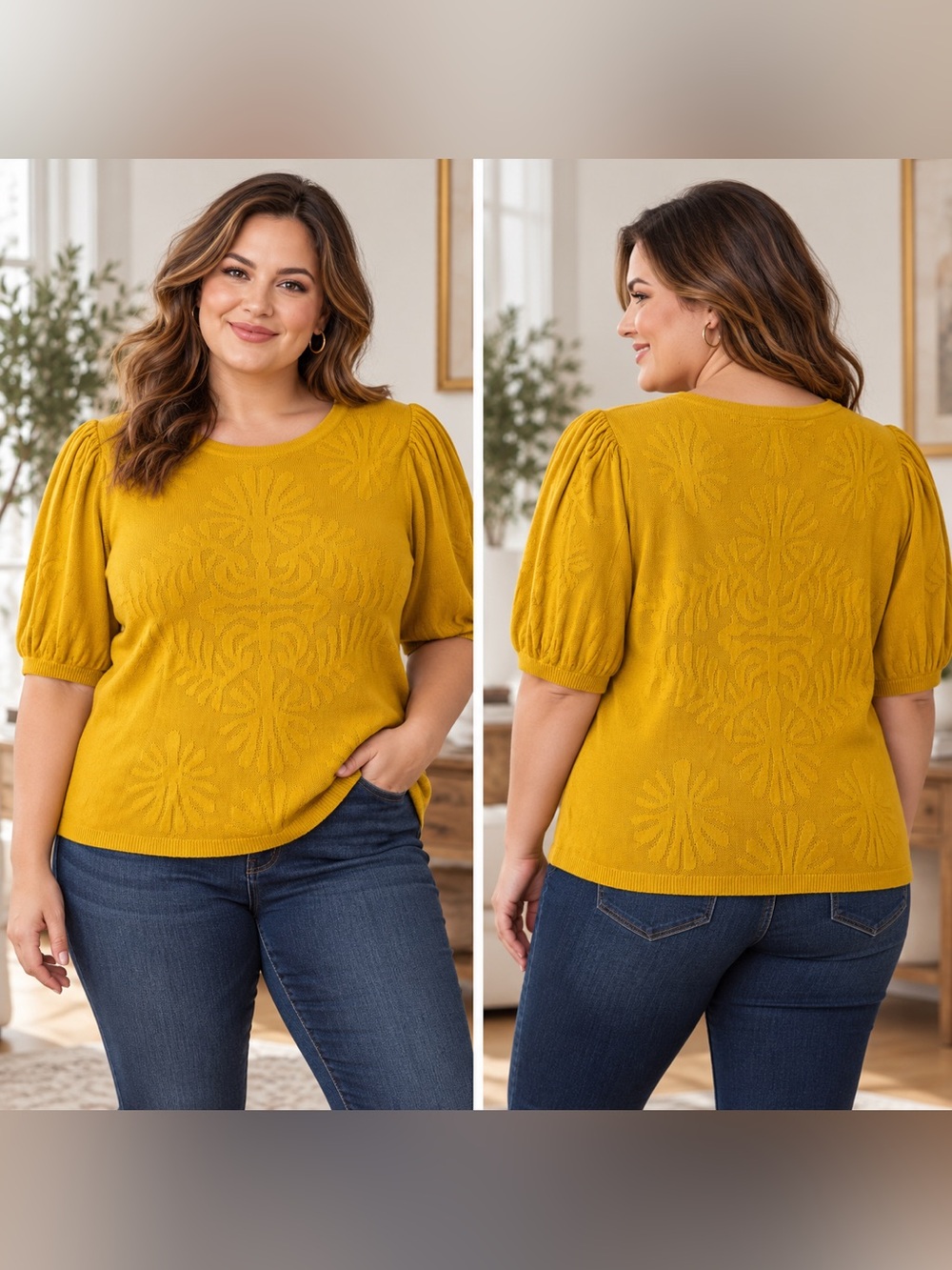 Ophelia Roe 3X Mustard Floral Puff Sleeve Sweater